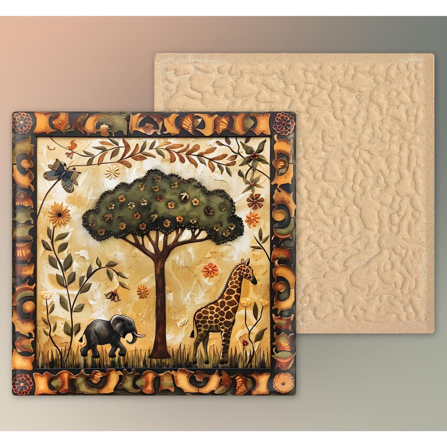 African Folk Art Ceramic Tile, Detailed Wildlife Safari Artwork for Home Decor, Charming African Aesthetic Spring Gift