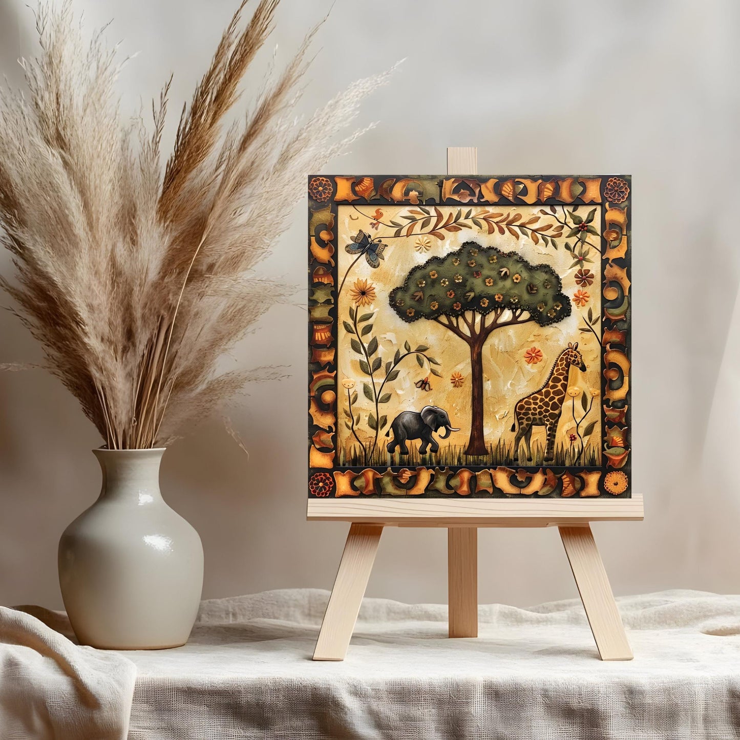 African Folk Art Ceramic Tile, Detailed Wildlife Safari Artwork for Home Decor, Charming African Aesthetic Spring Gift