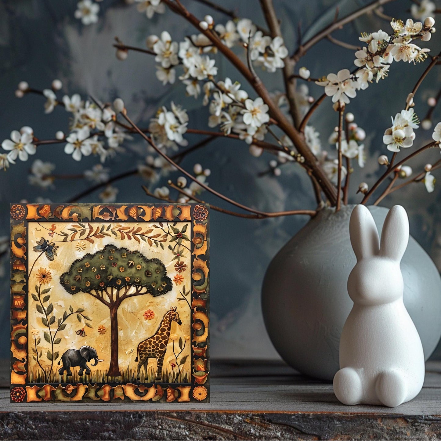African Folk Art Ceramic Tile, Detailed Wildlife Safari Artwork for Home Decor, Charming African Aesthetic Spring Gift