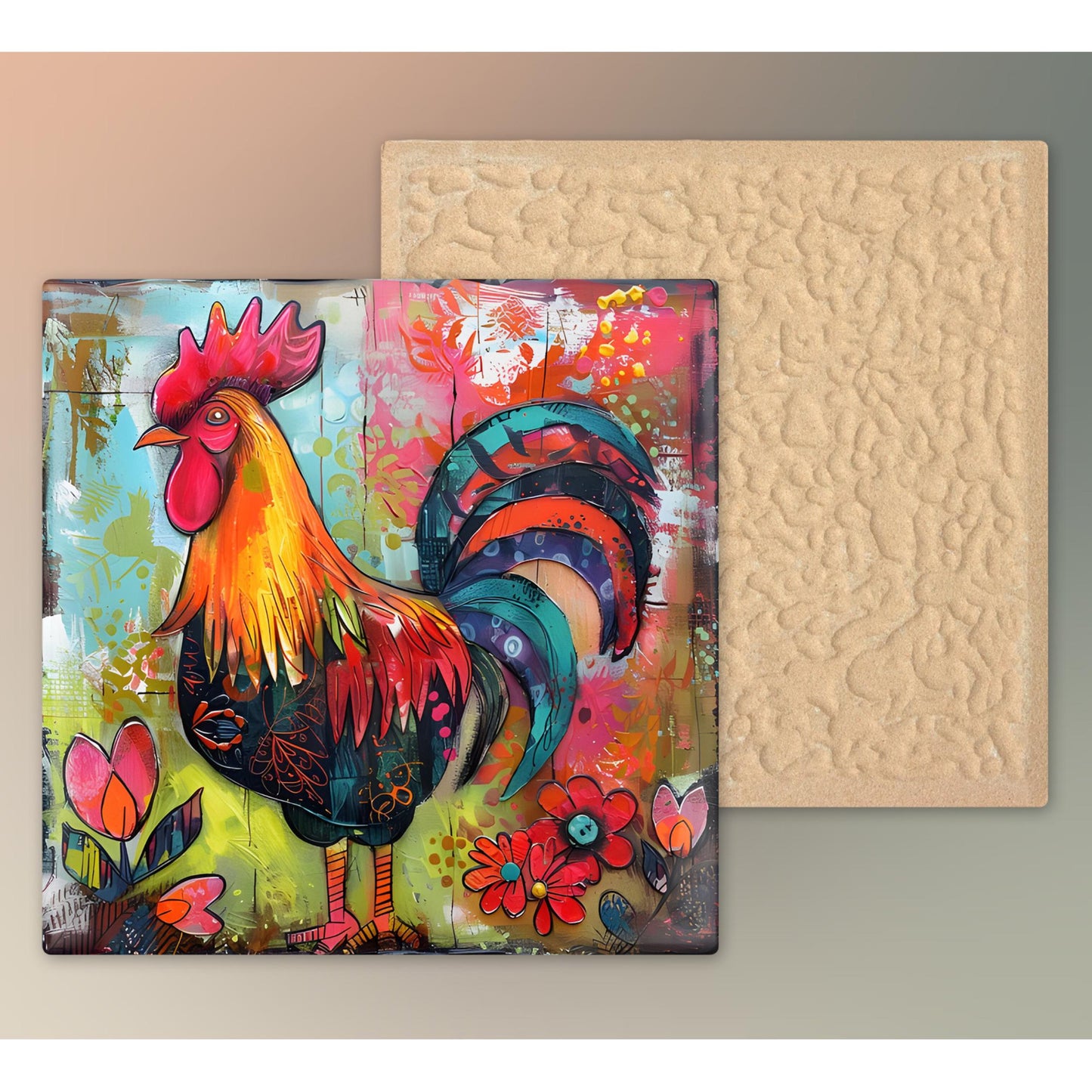 Rooster Folk Art Ceramic Tile | Whimsical Kitchen Decor | Farmhouse Style | Country Chic Rooster Art