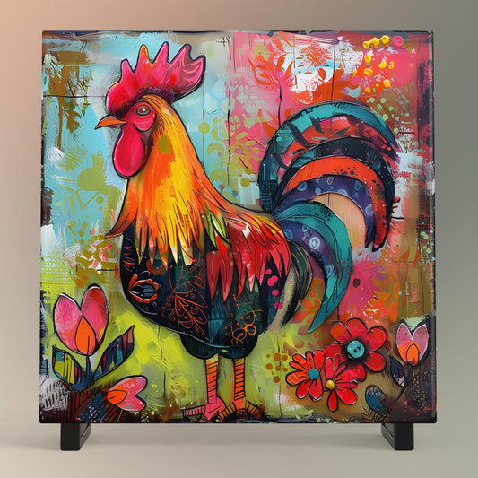 Rooster Folk Art Ceramic Tile | Whimsical Kitchen Decor | Farmhouse Style | Country Chic Rooster Art