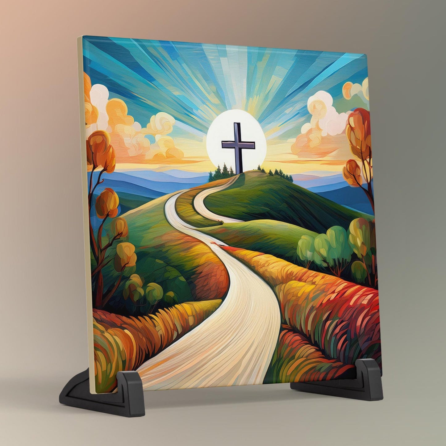 Religious Cross Art Ceramic Tile, Christian Art, The Road to Christ, Ceramic Wall Decor for Unique Home Accent, Nature Inspired Gift