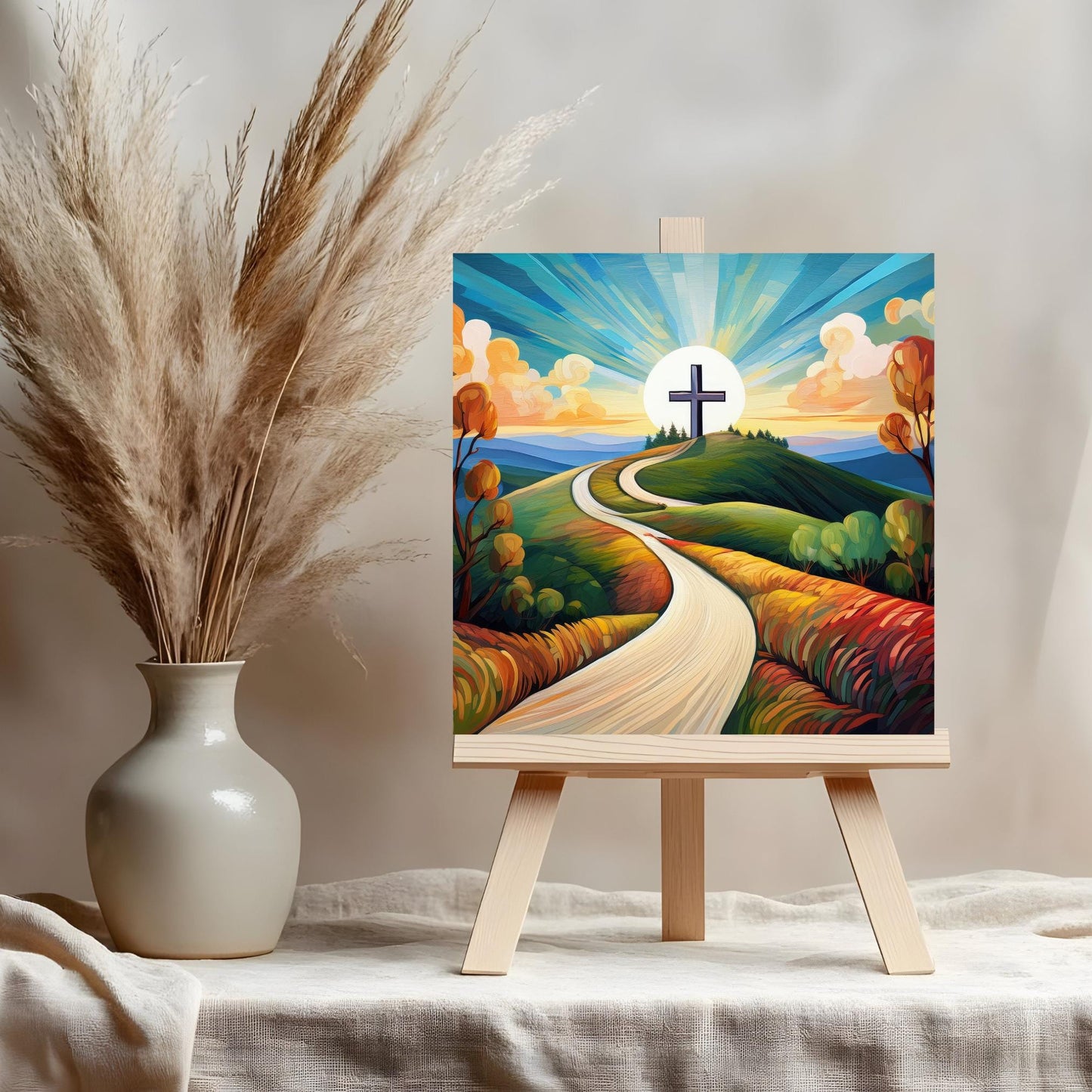 Religious Cross Art Ceramic Tile, Christian Art, The Road to Christ, Ceramic Wall Decor for Unique Home Accent, Nature Inspired Gift
