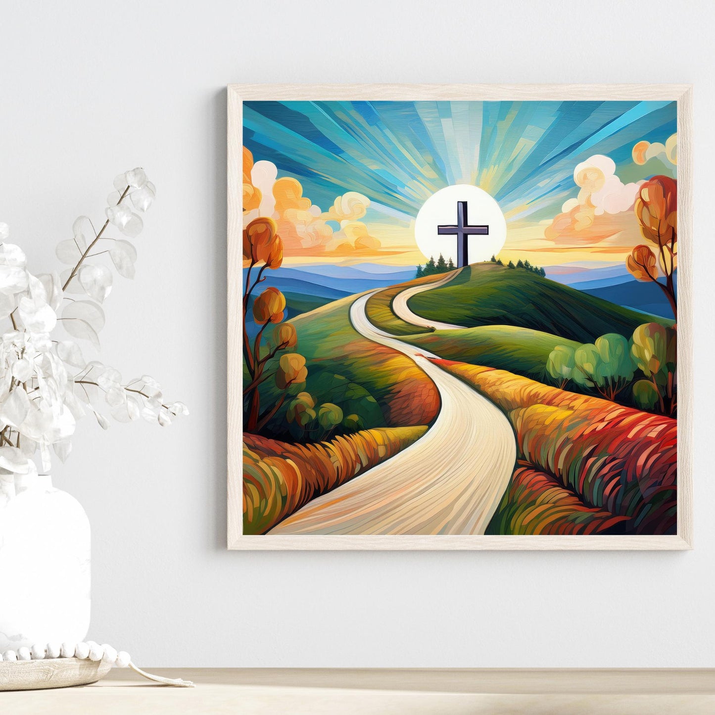 Religious Cross Art Ceramic Tile, Christian Art, The Road to Christ, Ceramic Wall Decor for Unique Home Accent, Nature Inspired Gift