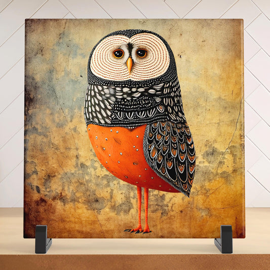 Whimsical Owl Folk Art Ceramic Tile - Unique Nature Lovers Decor - Minimalist Wall Hanging for Gift Giving - Artisan Home Wall Tiles