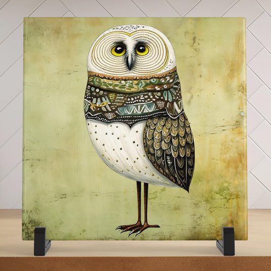 Owl Art Ceramic Tile | Bird Art | Boho | Nature Inspired Wall Hanging | Whimsical Home Decor | Gift For Her | Forest Animals Gift