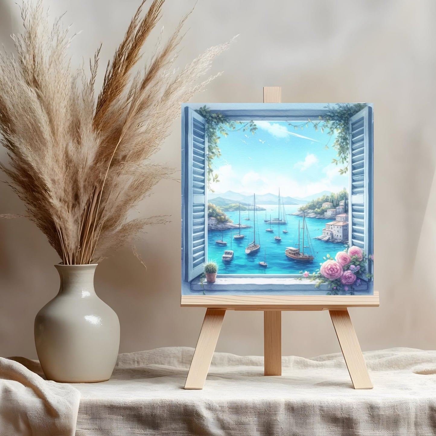 Beach View Window Ceramic Tile | Coastal Art with Sailboats | Nautical Decor | Ocean Art