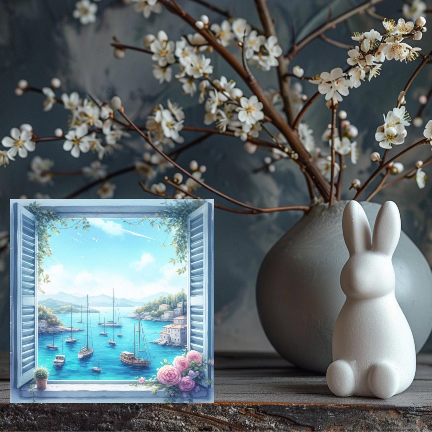 Beach View Window Ceramic Tile | Coastal Art with Sailboats | Nautical Decor | Ocean Art
