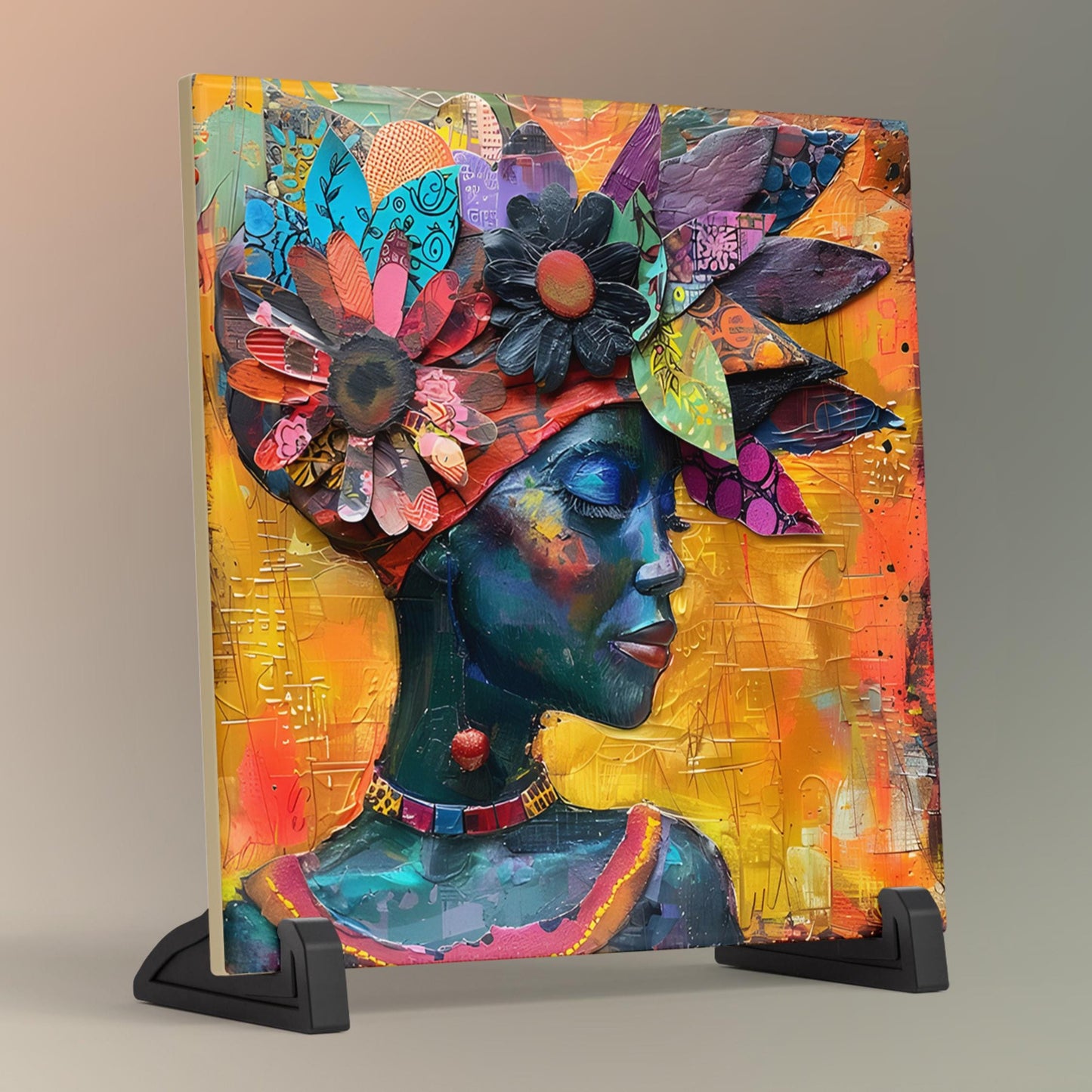 Black Woman Art Ceramic Tile, African Folk Art - Stunning Minimalist Black Artwork  - Decorative Wall Hanging - Black Girl Trendy Art