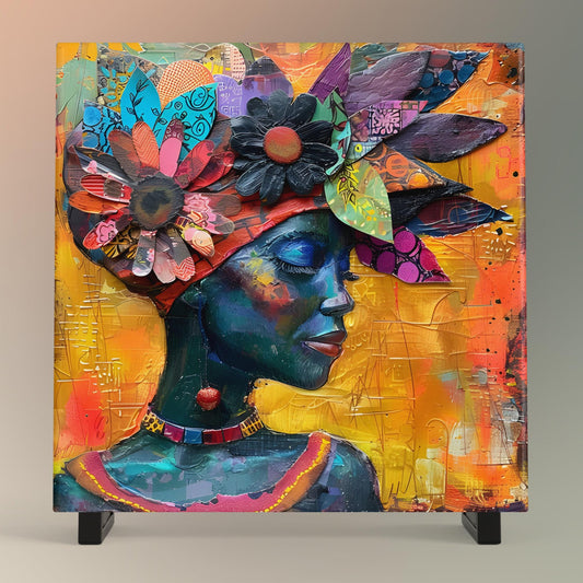 Black Woman Art Ceramic Tile, African Folk Art - Stunning Minimalist Black Artwork  - Decorative Wall Hanging - Black Girl Trendy Art