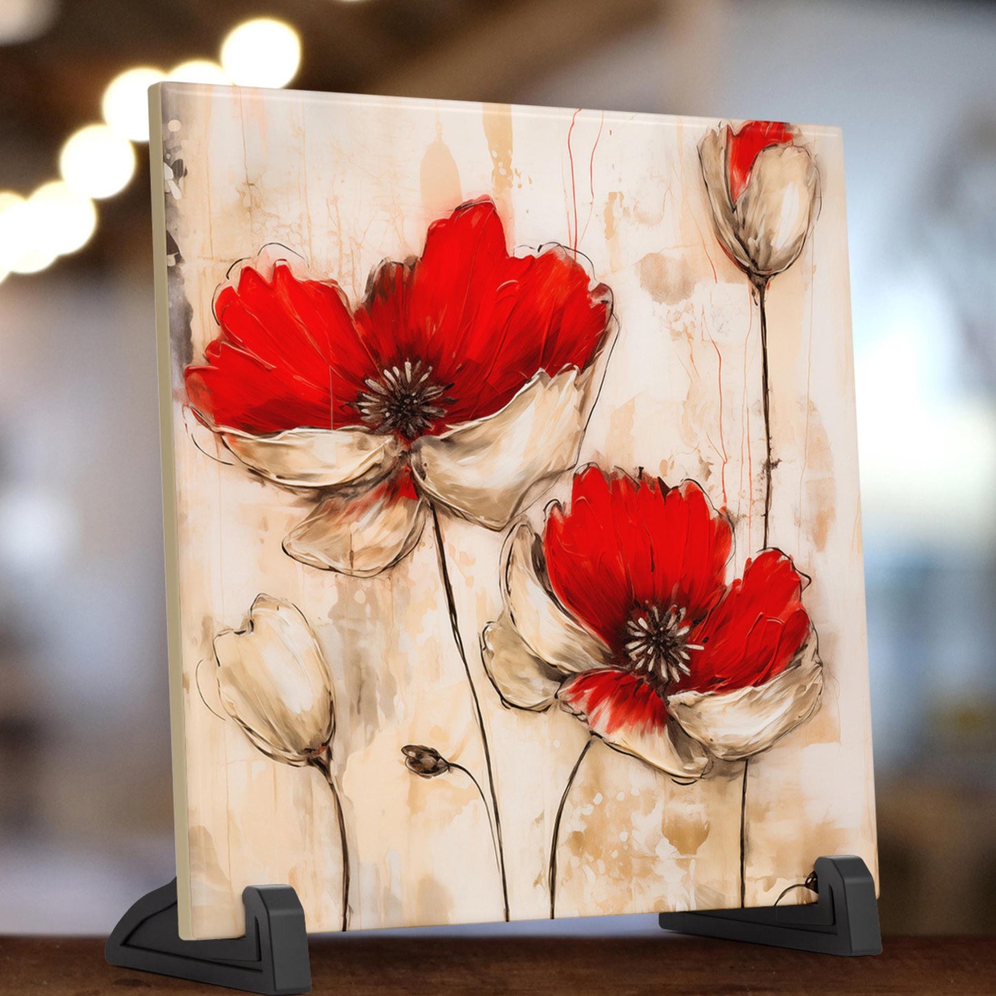 Red Flowers Ceramic Wall Tile, Charming Rustic Farmhouse Art, Home Decor for Kitchen or Gallery Wall Tile for Living Room