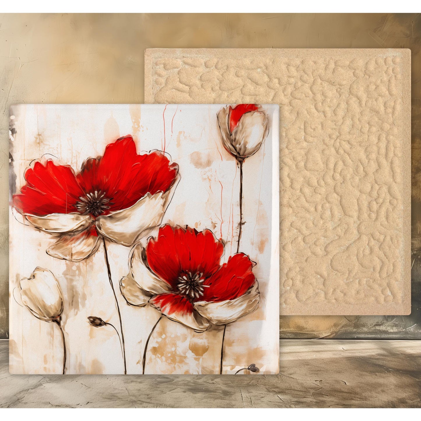 Red Flowers Ceramic Wall Tile, Charming Rustic Farmhouse Art, Home Decor for Kitchen or Gallery Wall Tile for Living Room