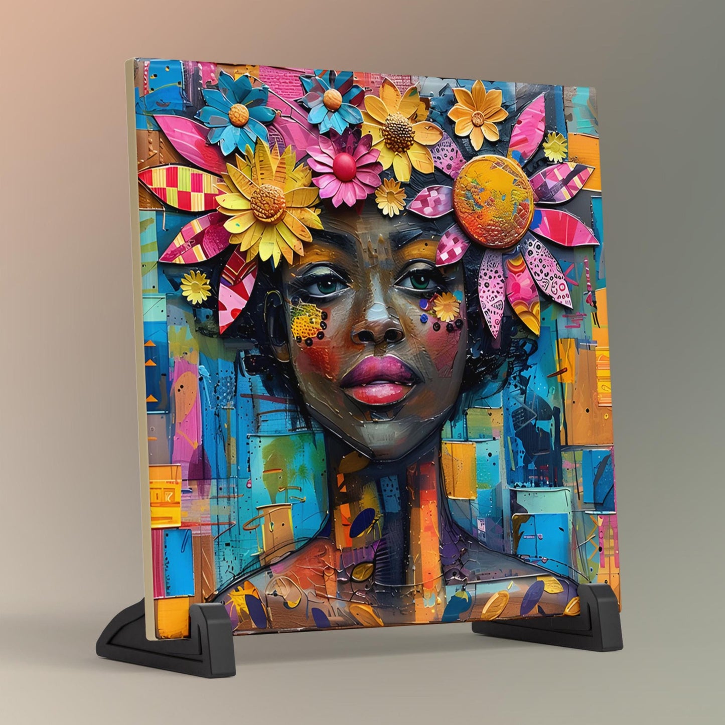 Boho Flowers Black Woman Art - Ceramic Art Tile - Black Wall Art - Abstract Floral Print - African American Woman - Unique Gift for Her
