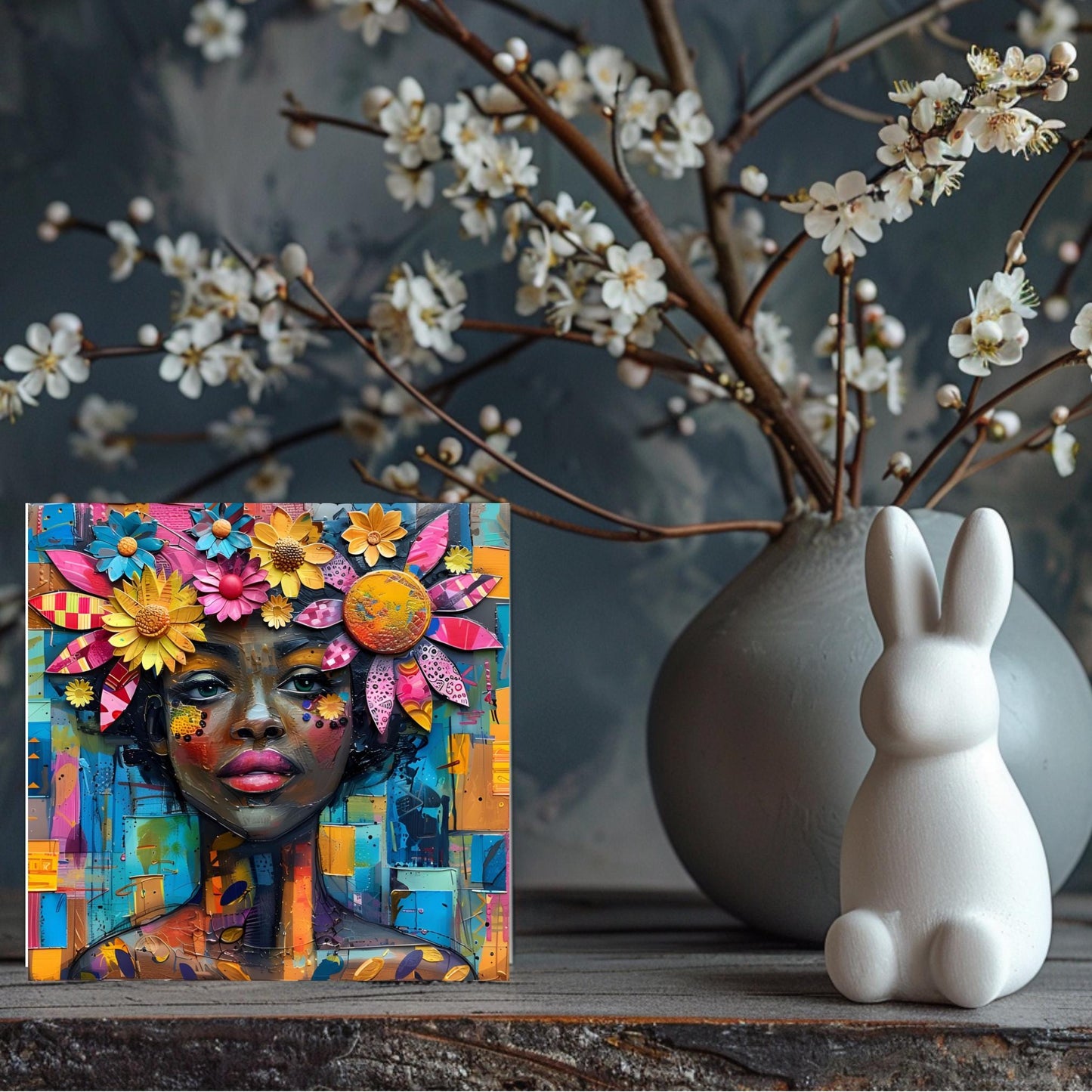 Boho Flowers Black Woman Art - Ceramic Art Tile - Black Wall Art - Abstract Floral Print - African American Woman - Unique Gift for Her