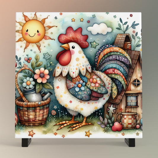 Farmhouse Rooster Ceramic Tile Art | Whimsical Kitchen Decor | Folk Art | Country Chic Rooster Art