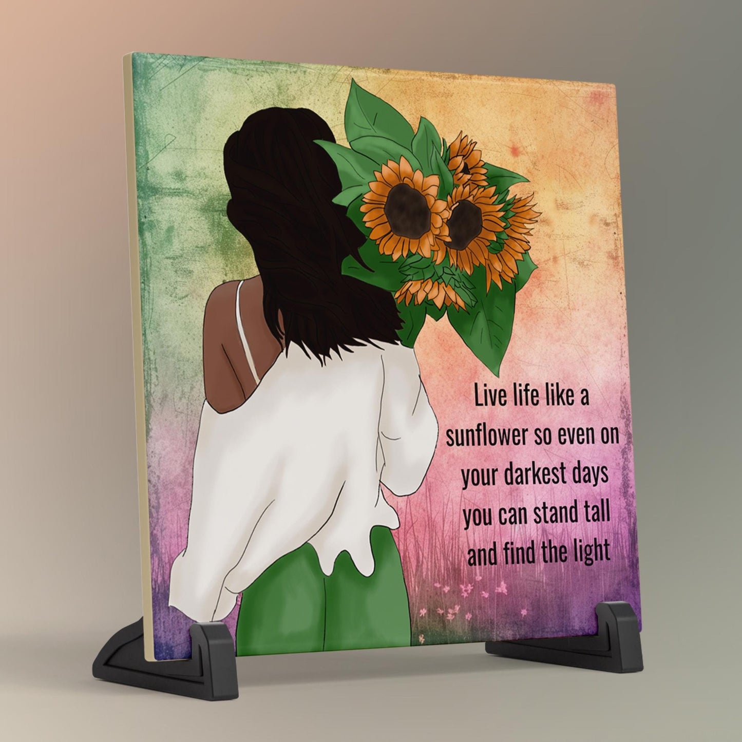 Black Woman Art Sunflower Ceramic Tile - Quote Art - Black Wall Art -Boho Floral Print - African American Woman - Live Like a Sunflower