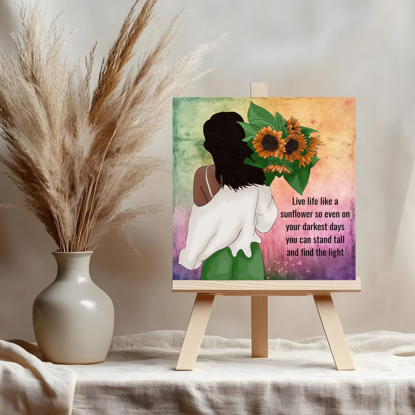 Black Woman Art Sunflower Ceramic Tile - Quote Art - Black Wall Art -Boho Floral Print - African American Woman - Live Like a Sunflower