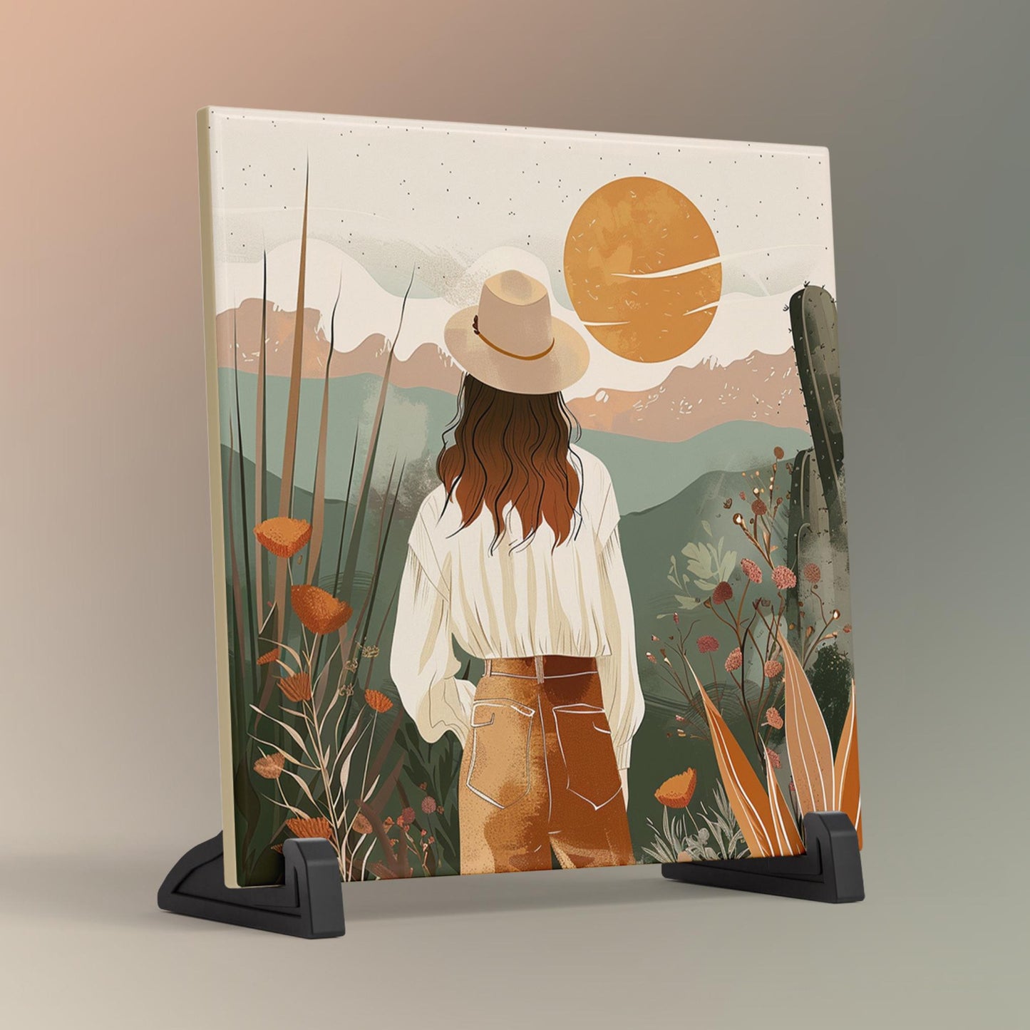 Boho Desert Art Ceramic Tile, Minimalist Handmade Ceramic Wall Decor for Unique Home Accent, Perfect Nature Inspired Gift