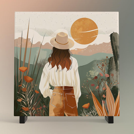 Boho Desert Art Ceramic Tile, Minimalist Handmade Ceramic Wall Decor for Unique Home Accent, Perfect Nature Inspired Gift