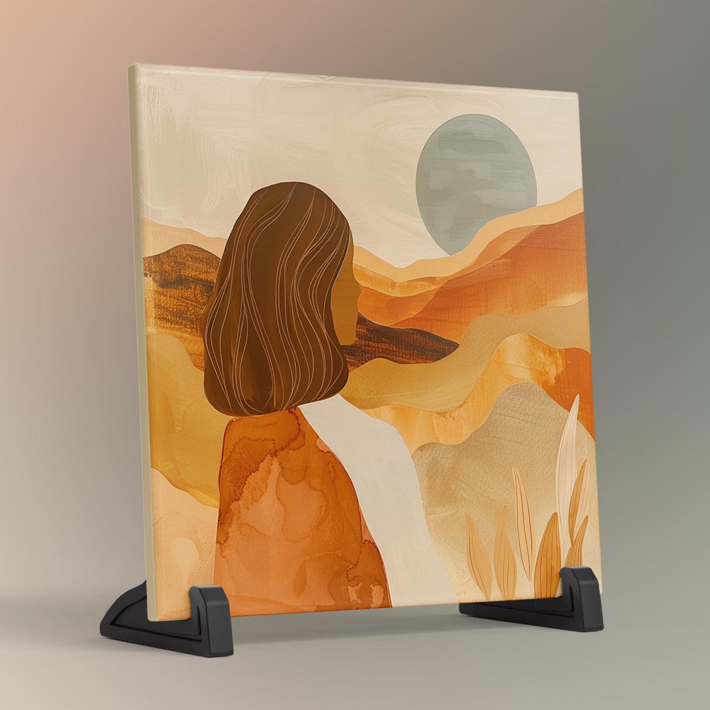 Boho Desert Art Ceramic Tile, Minimalist Mountain View Ceramic Wall Decor for Unique Home Accent, Boho Woman Art, Nature Inspired Gift