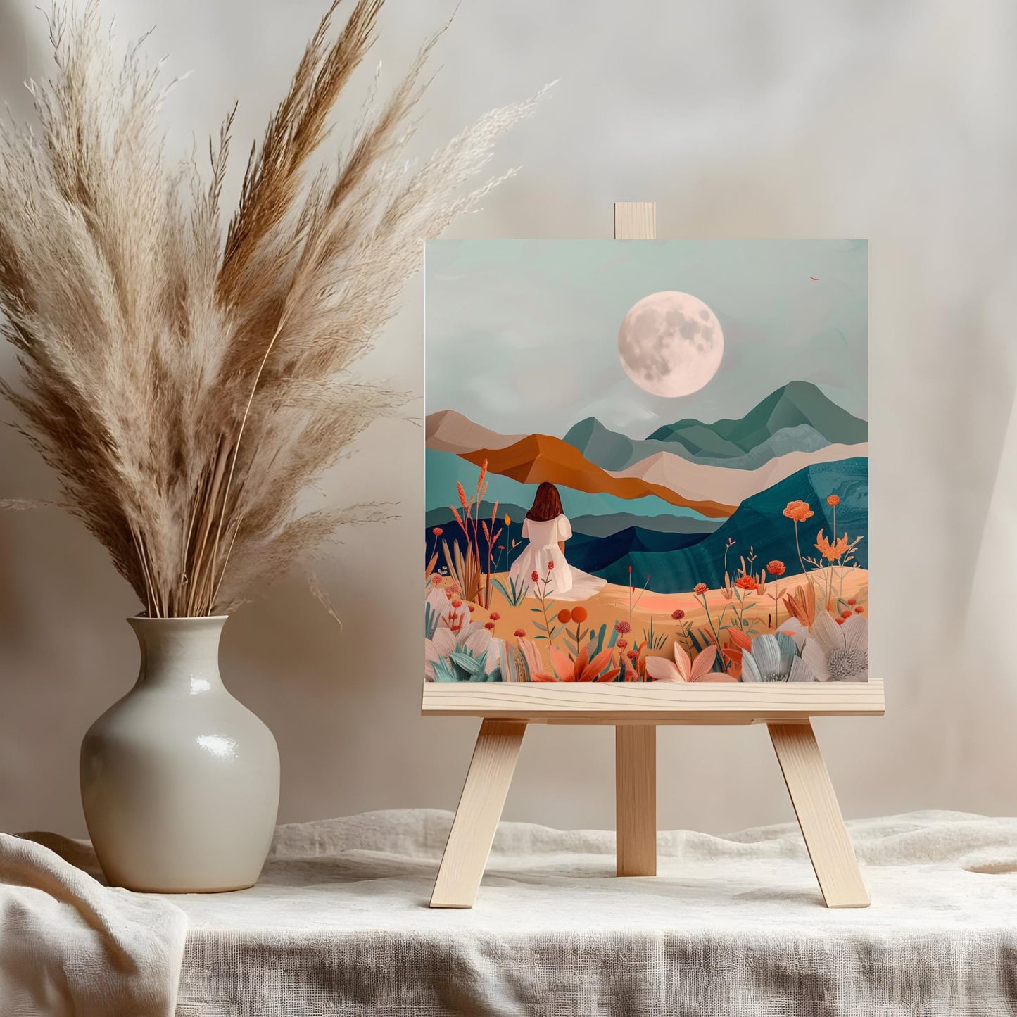 Desert Art Ceramic Tile, Boho Woman Art, Minimalist Mountain View Ceramic Wall Decor for Unique Home Accent, Nature Inspired Gift