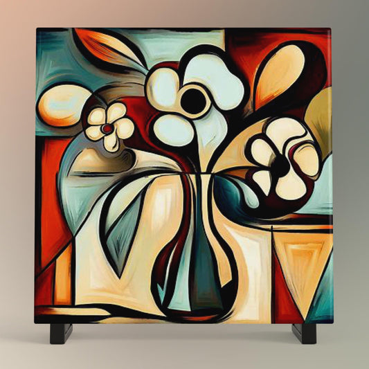 Abstract Floral Tile Art | Picasso Inspired Flowers in a Vase Wall Decor, Unique Colorful Home Accent & Housewarming Gift for Art Lovers
