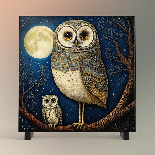 Owls in the Moonlight Tile Art, Unique Minimalist Bird Home Decor, Ideal Gift for Nature Lovers and Owl Enthusiasts