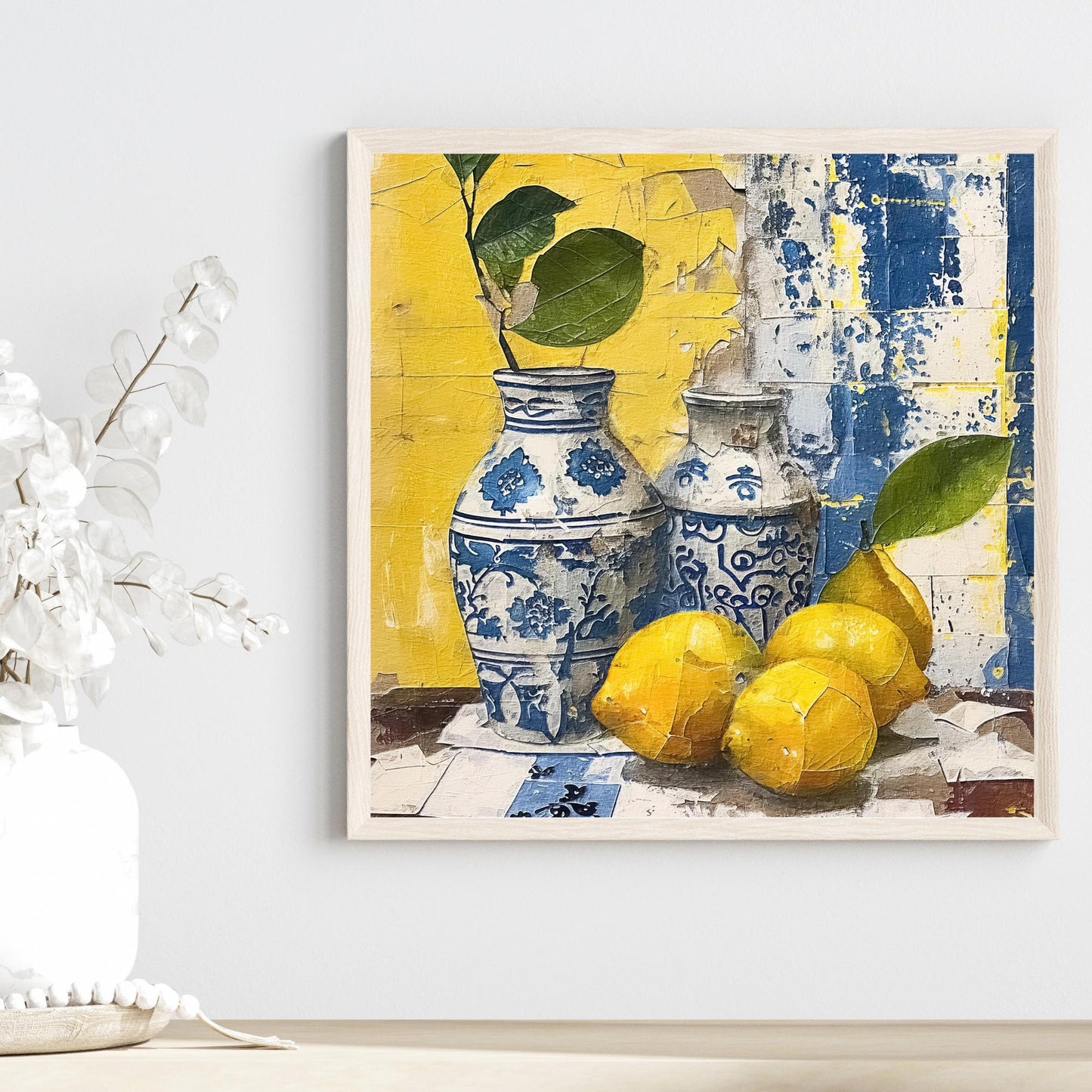 Luxurious Mediterranean Citrus and Blue Tile Art, Boho Kitchen Decor, Vintage Rustic Wall Art, Lisbon Inspired Coastal Artwork