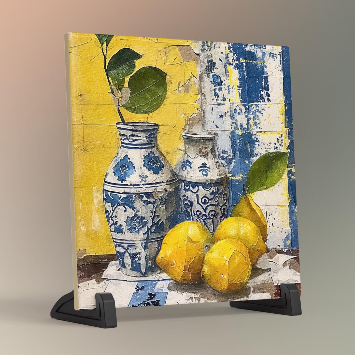 Luxurious Mediterranean Citrus and Blue Tile Art, Boho Kitchen Decor, Vintage Rustic Wall Art, Lisbon Inspired Coastal Artwork
