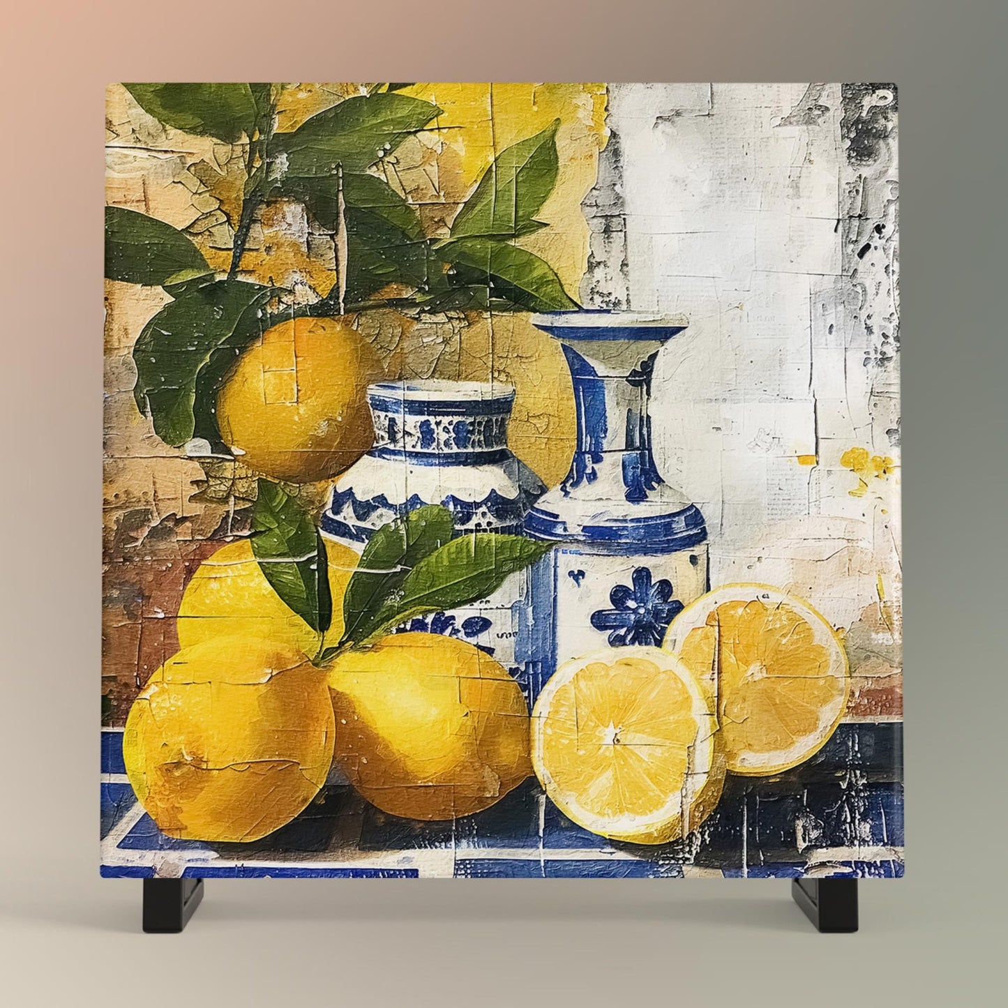 Mediterranean Lemons Ceramic Tile Art, Lemon Art,  Blue Portuguese Decorative Tile, Ideal Kitchen Decor