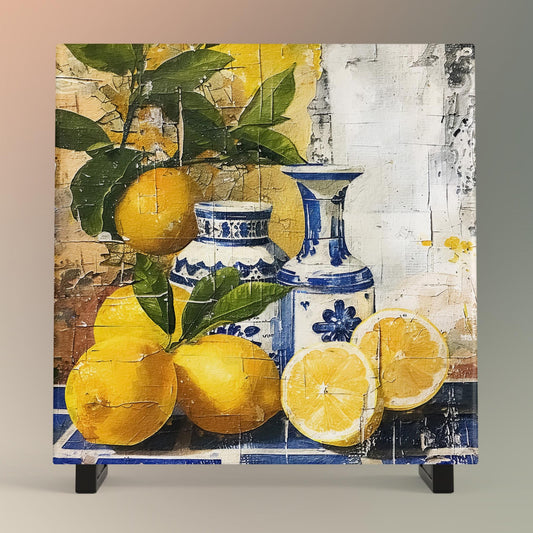Mediterranean Lemons Ceramic Tile Art, Lemon Art,  Blue Portuguese Decorative Tile, Ideal Kitchen Decor