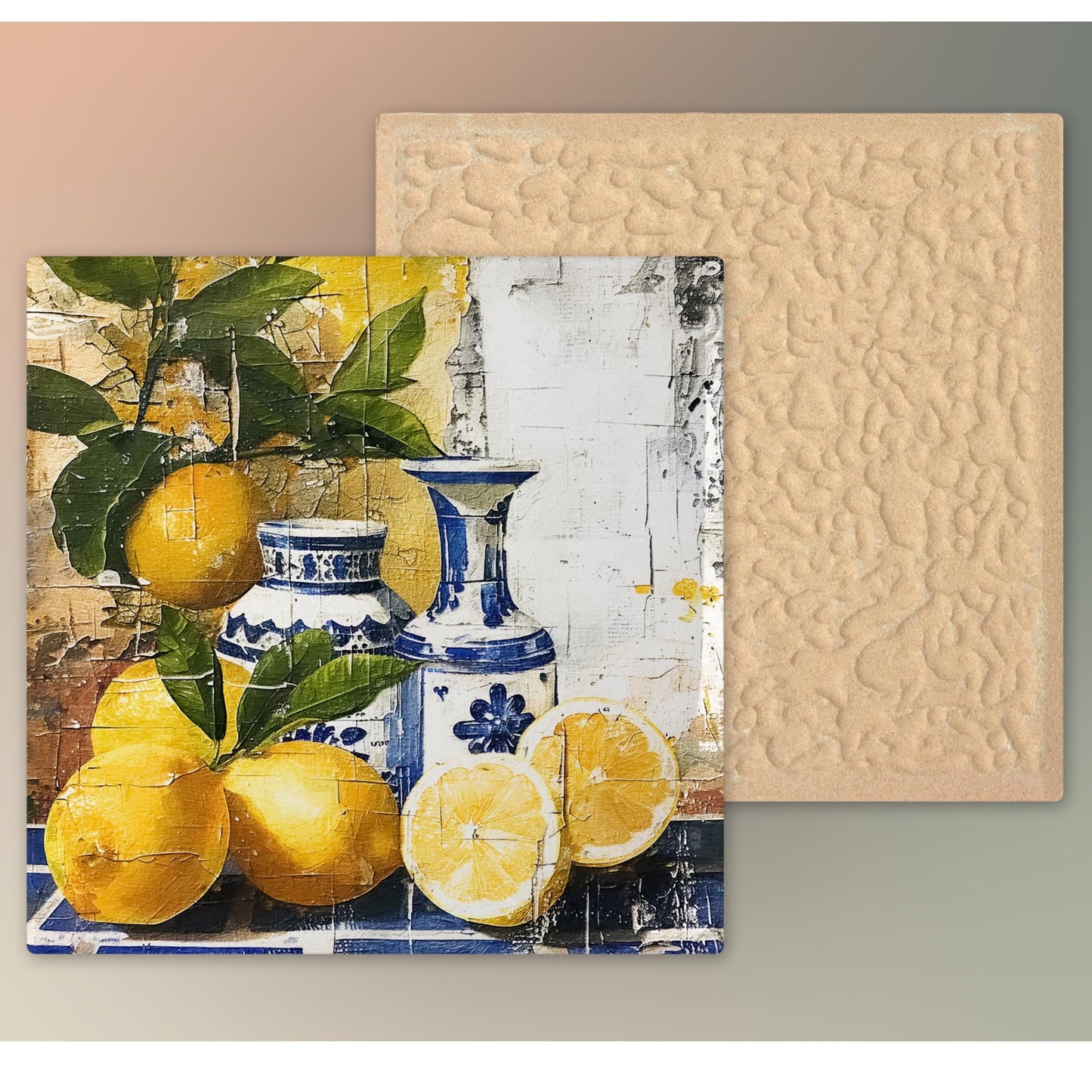 Mediterranean Lemons Ceramic Tile Art, Lemon Art,  Blue Portuguese Decorative Tile, Ideal Kitchen Decor