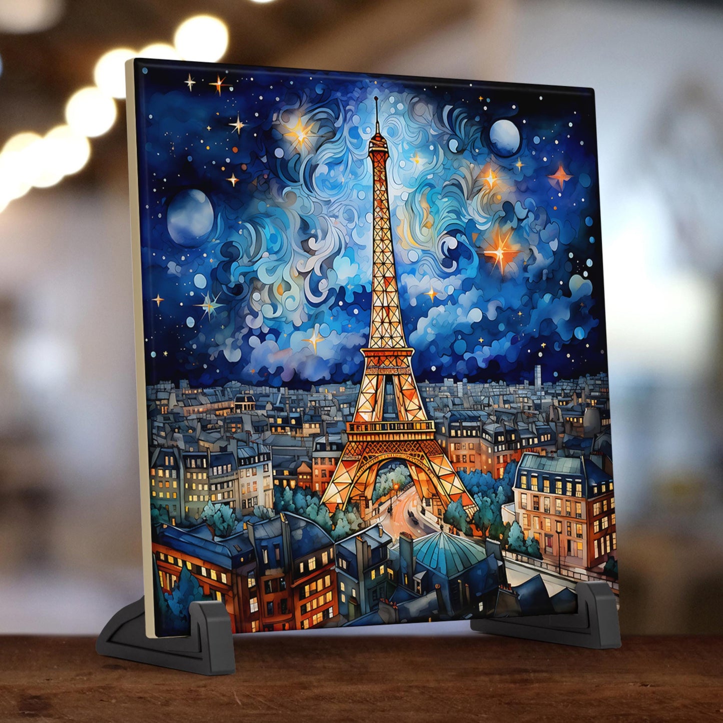 Starry Night in Paris Ceramic Art Tile - Whimsical Design, Vibrant Colors, Beautiful Tile Art for the Kitchen, Unique Art