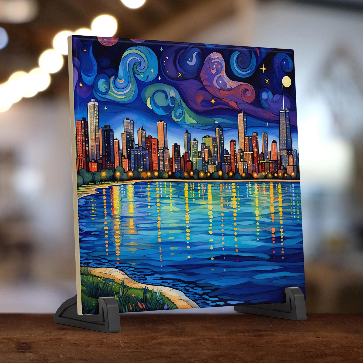 Chicago Starry Night Ceramic Art Tile, Iconic Chicago Lakefront Design, Whimsical City, Galley Wall Hanging, Chicago Art