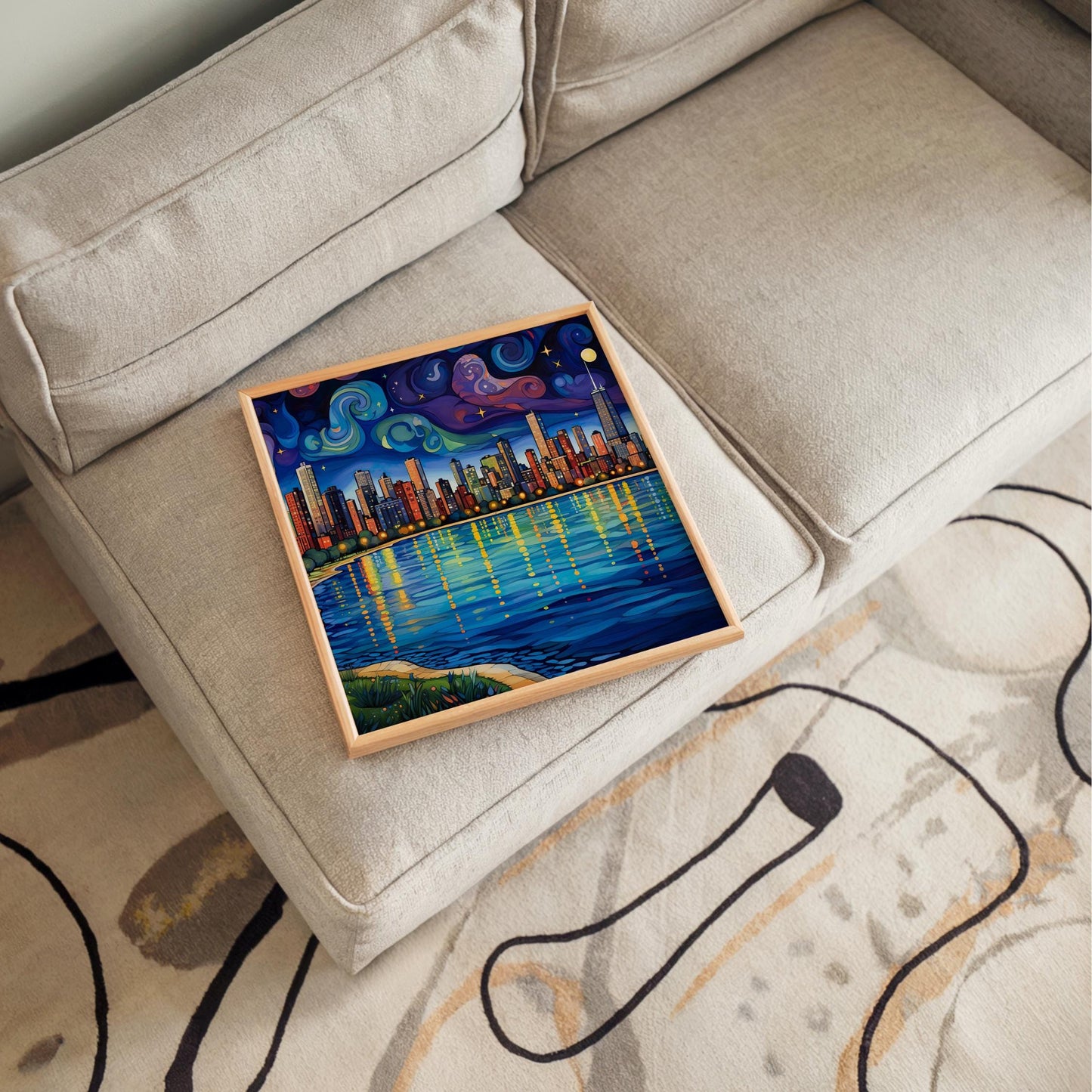 Chicago Starry Night Ceramic Art Tile, Iconic Chicago Lakefront Design, Whimsical City, Galley Wall Hanging, Chicago Art