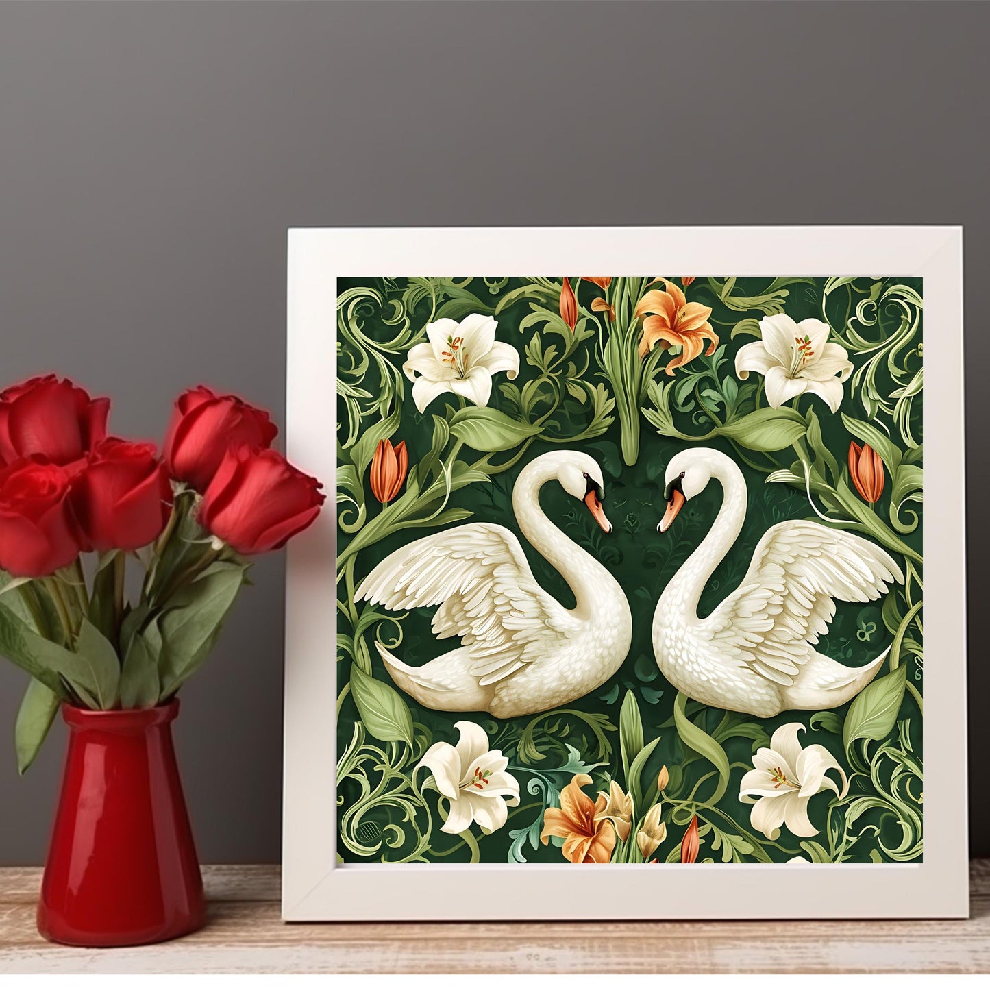 Art Nouveau White Swans Ceramic Art Tile, Decorative Tile Inspired by William Morris, Unique Home Decor