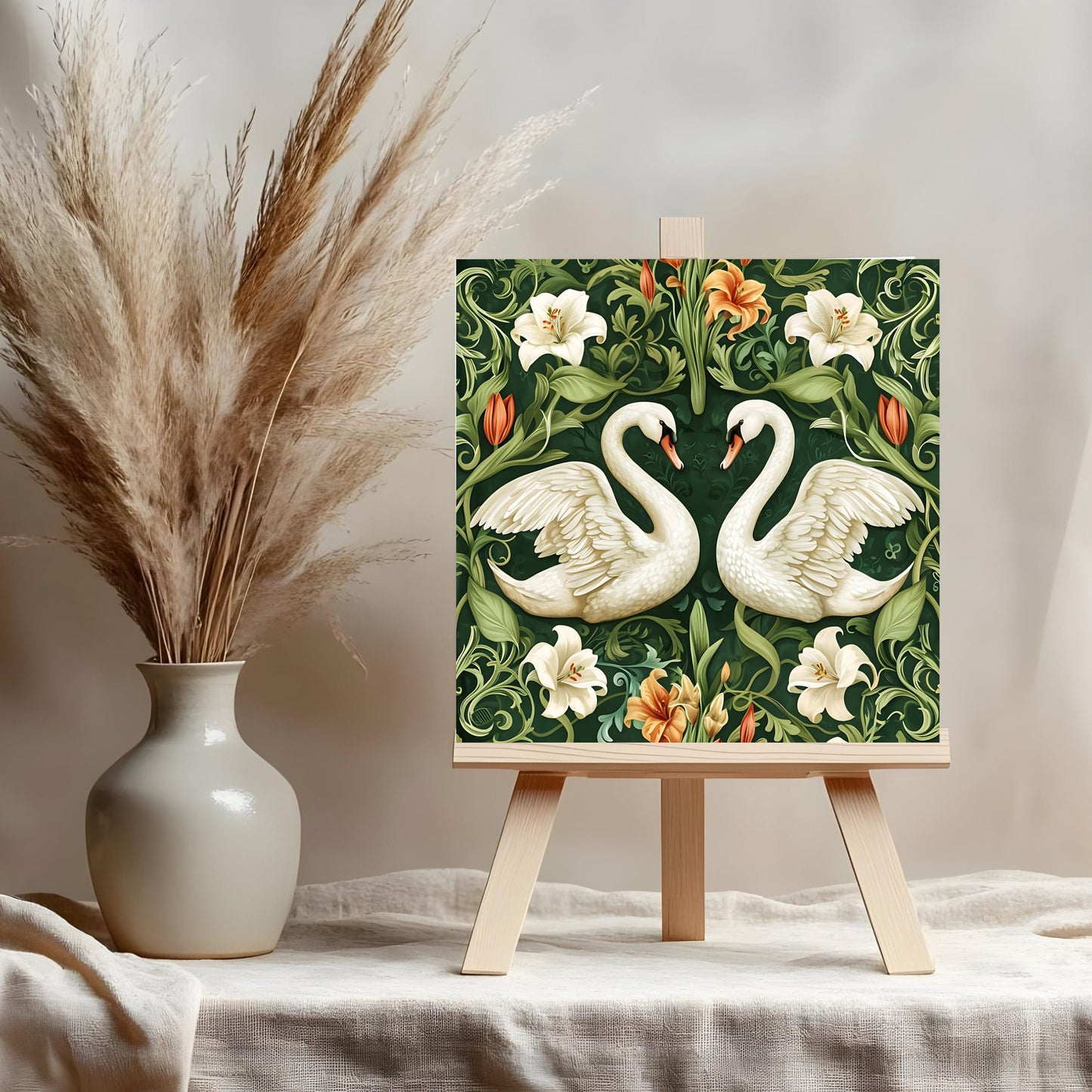 Art Nouveau White Swans Ceramic Art Tile, Decorative Tile Inspired by William Morris, Unique Home Decor