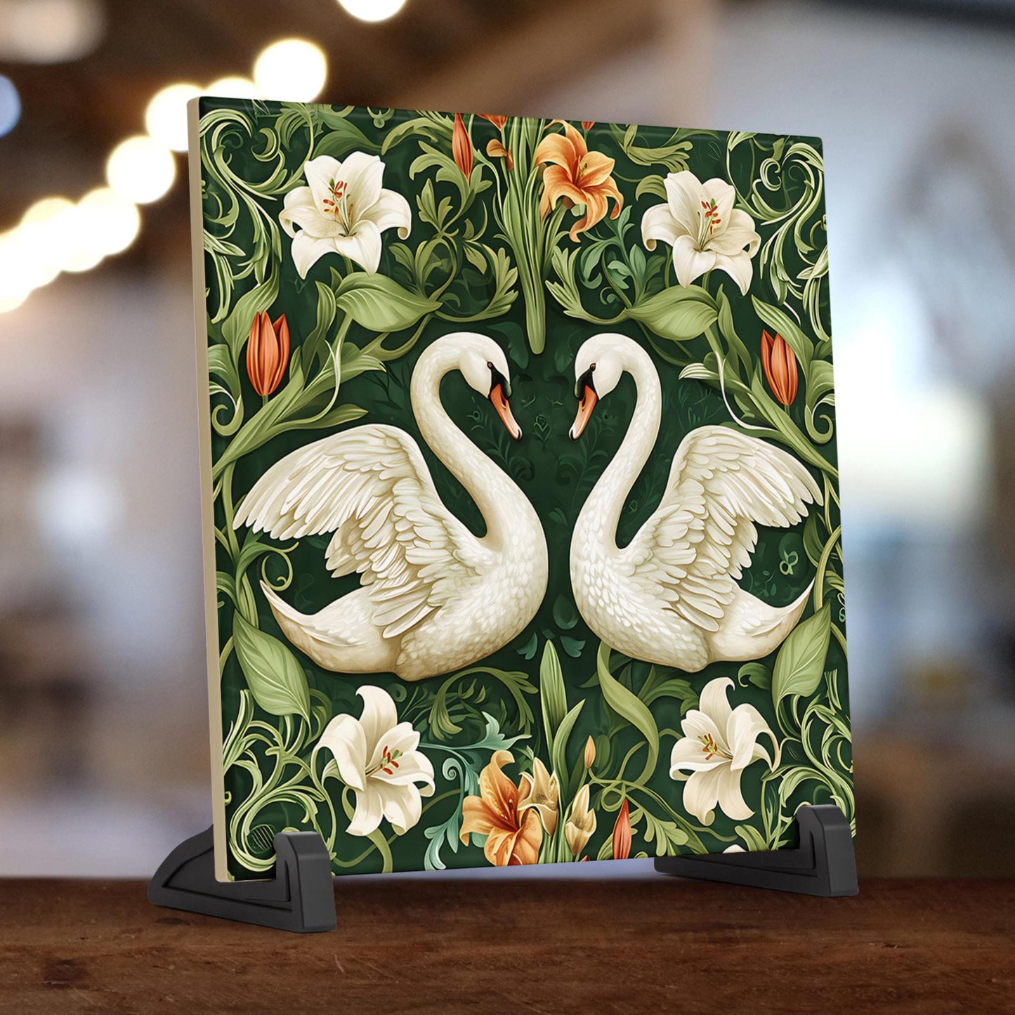 Art Nouveau White Swans Ceramic Art Tile, Decorative Tile Inspired by William Morris, Unique Home Decor