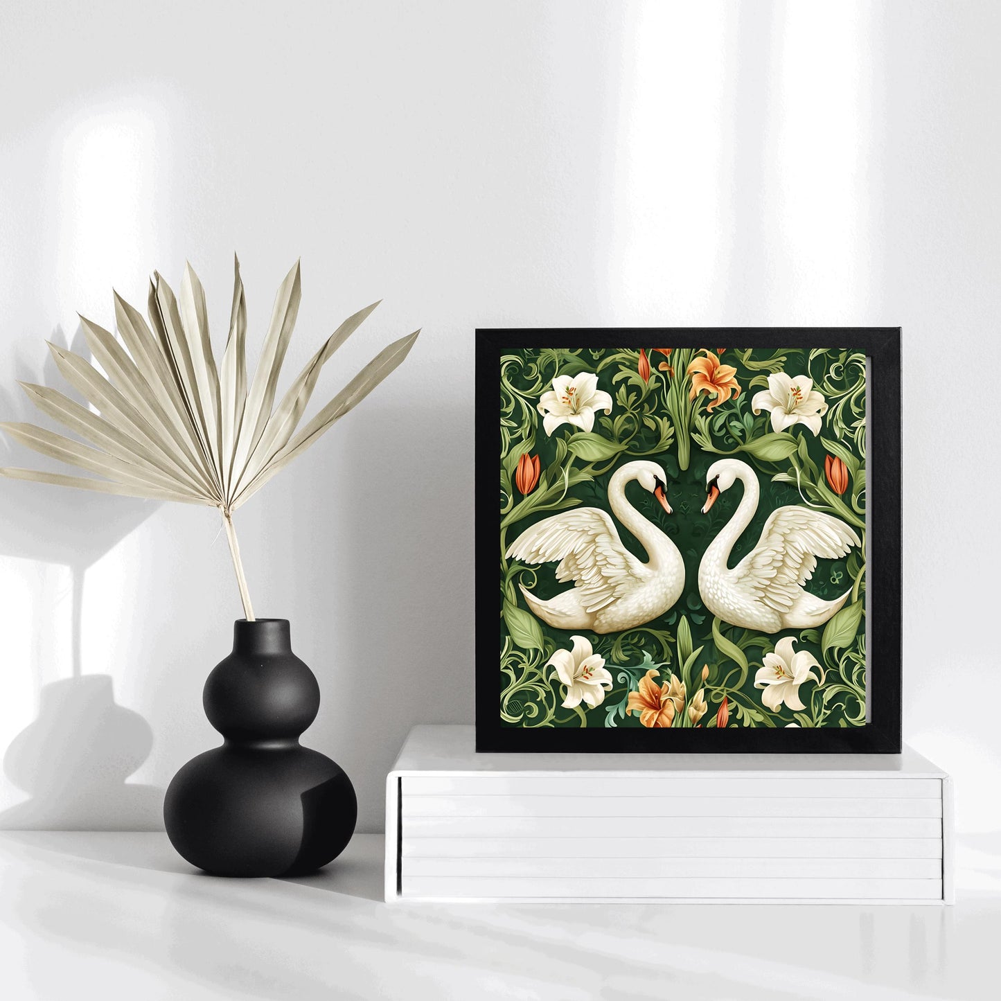 Art Nouveau White Swans Ceramic Art Tile, Decorative Tile Inspired by William Morris, Unique Home Decor