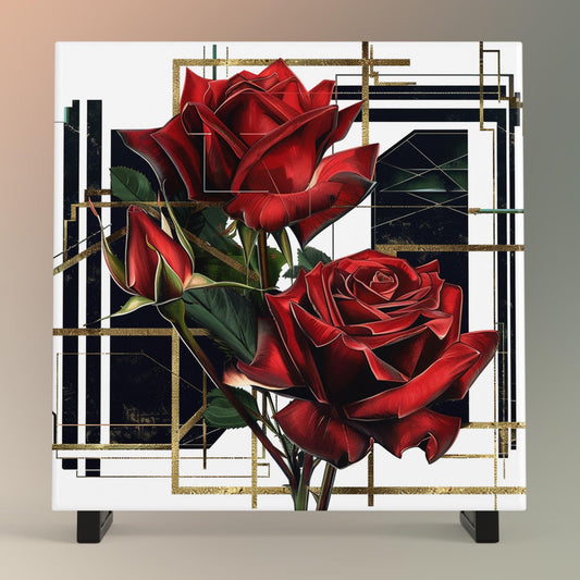 Art Deco Red Rose Ceramic Tile, Art Nouveau, Decorative Tile, Vintage Wall Art, Unique Home Decor