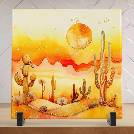 Desert Sunrise Art Ceramic Tile - Southwest Abstract Watercolor Artwork - Nature Lovers Home Decor - Unique Wall Hanging - Gallery Wall Art