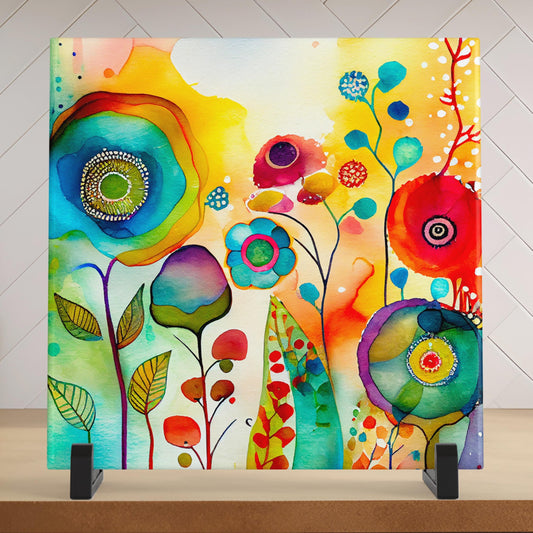 Watercolor Flowers Ceramic Tile Art - Whimsical Floral Artwork - Nature Lovers Home Decor - Unique Ceramic Aesthetic  - Quirky Wall Art