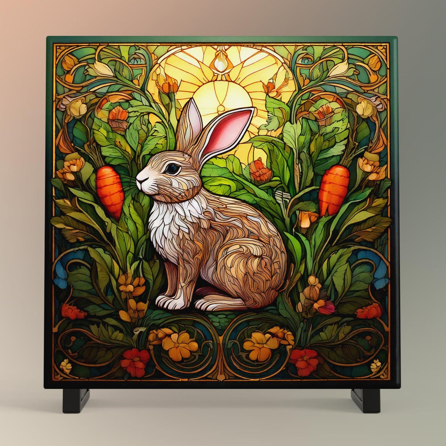 Adorable Bunny with Carrot Ceramic Tile - Charming Stained Glass Effect Rabbit Decor - Farmhouse Style Gifts & Wall Art - Ready to Display