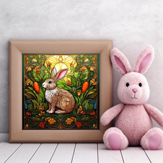 Adorable Bunny with Carrot Ceramic Tile - Charming Stained Glass Effect Rabbit Decor - Farmhouse Style Gifts & Wall Art - Ready to Display
