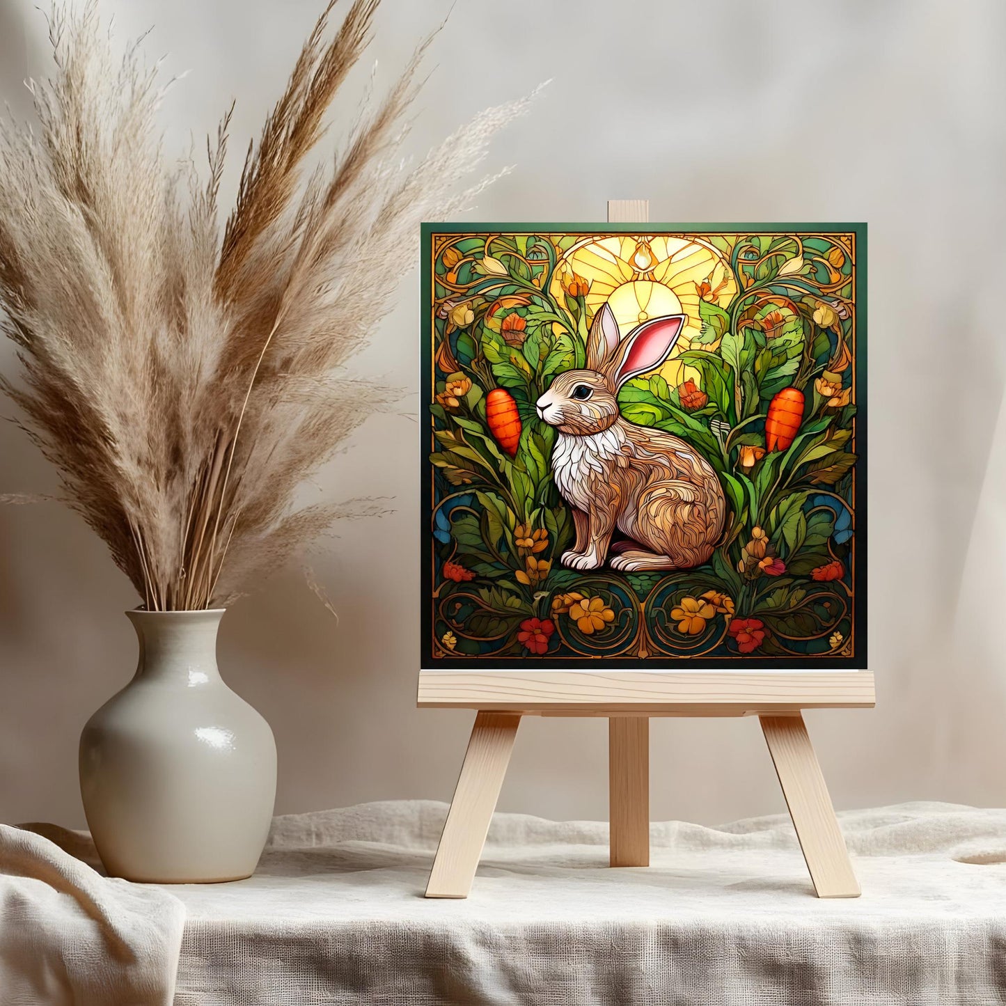 Adorable Bunny with Carrot Ceramic Tile - Charming Stained Glass Effect Rabbit Decor - Farmhouse Style Gifts & Wall Art - Ready to Display