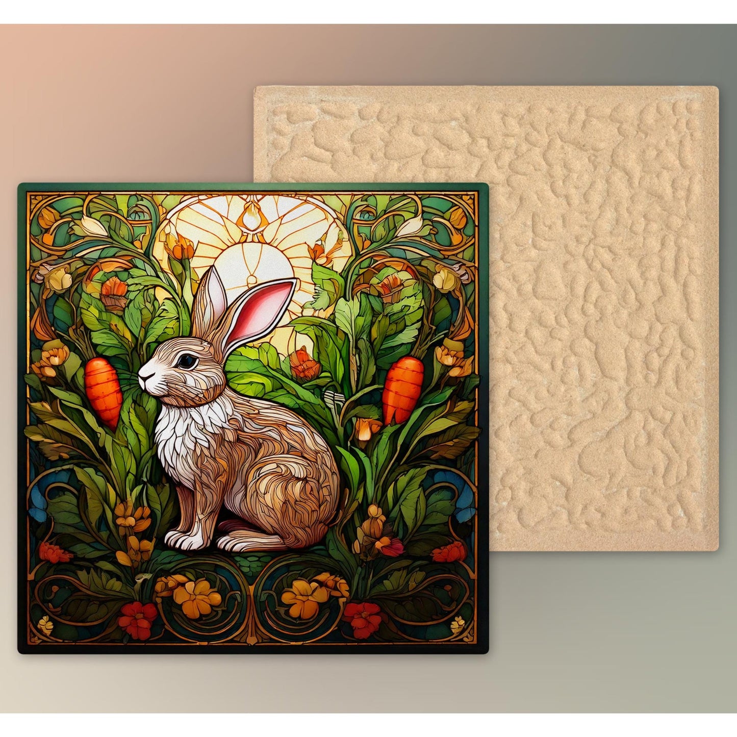 Adorable Bunny with Carrot Ceramic Tile - Charming Stained Glass Effect Rabbit Decor - Farmhouse Style Gifts & Wall Art - Ready to Display