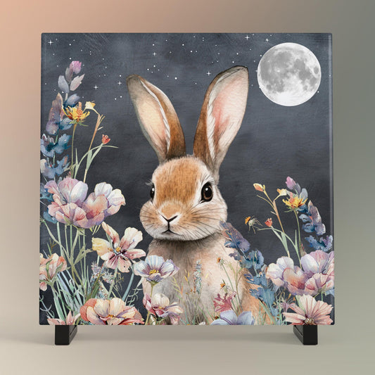 Midnight Easter Bunny Ceramic Art Tile, Whimsical Spring Wall Decor, Perfect for Farmhouse Aesthetics, Rabbit Art