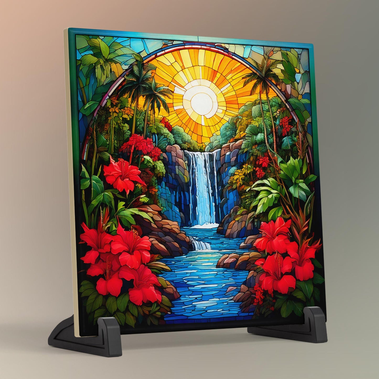 Coastal Art Ceramic Tile, Art Nouveau Tropical Waterfall Print with Colorful Red Flowers, Stained Glass Effect Nature Artwork