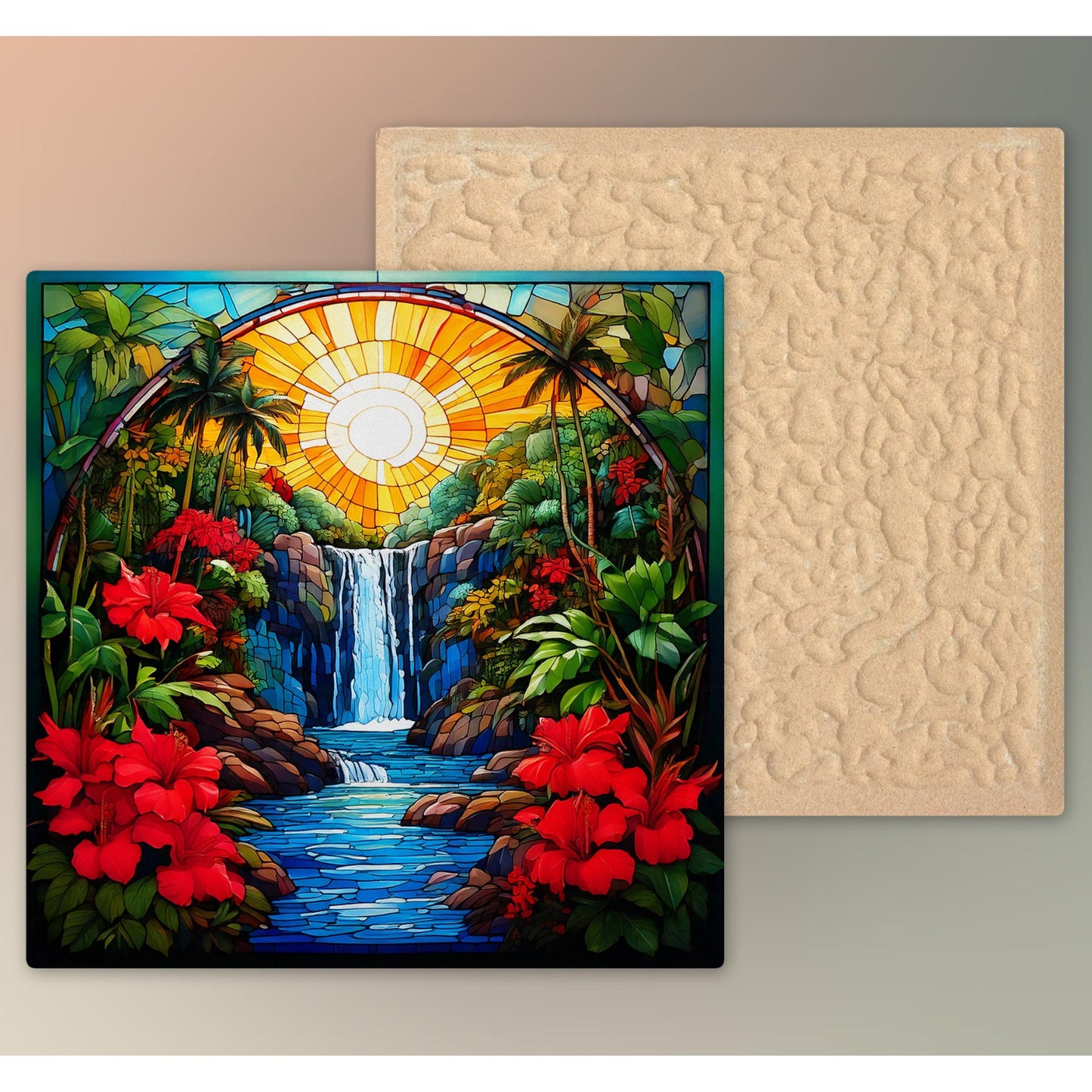 Coastal Art Ceramic Tile, Art Nouveau Tropical Waterfall Print with Colorful Red Flowers, Stained Glass Effect Nature Artwork