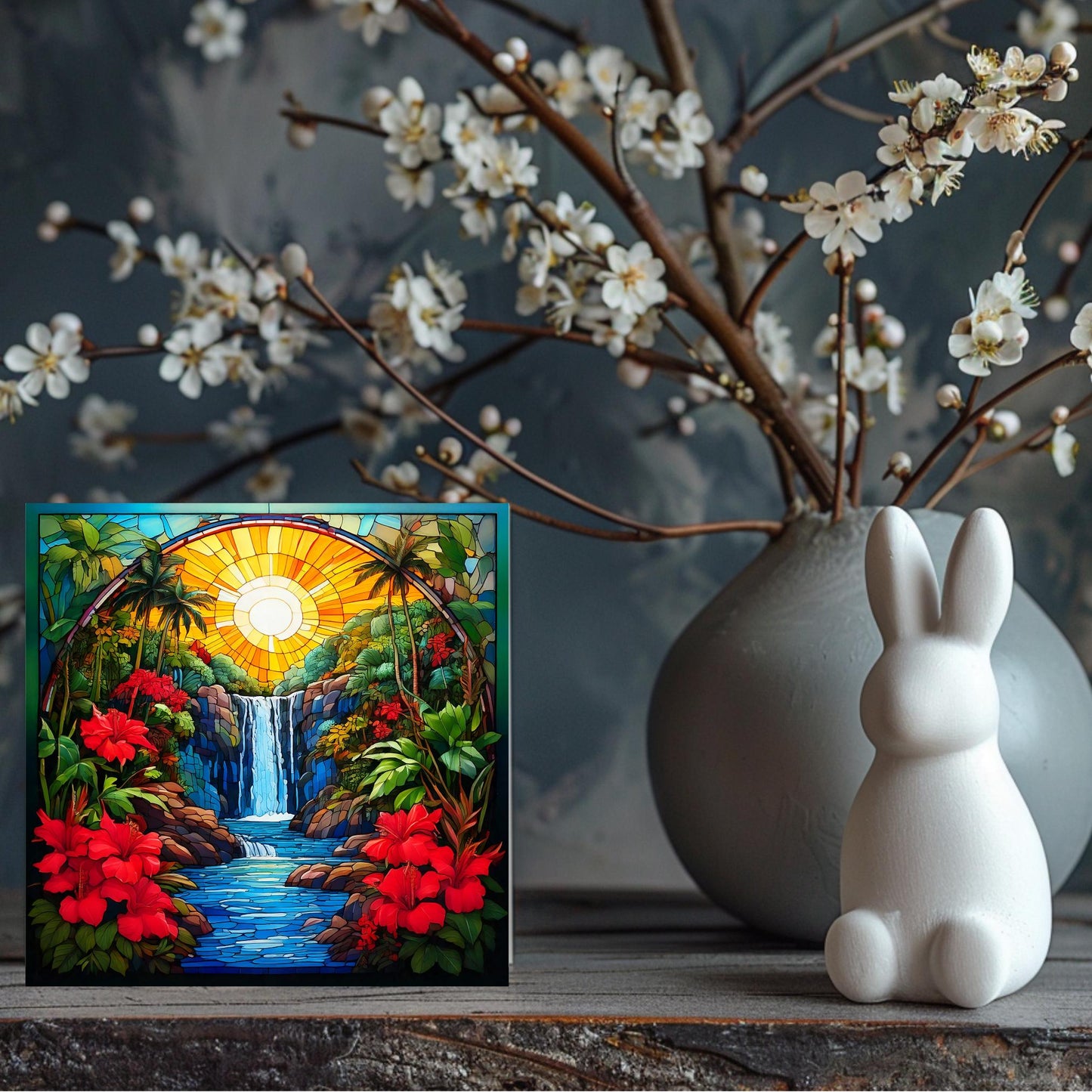 Coastal Art Ceramic Tile, Art Nouveau Tropical Waterfall Print with Colorful Red Flowers, Stained Glass Effect Nature Artwork